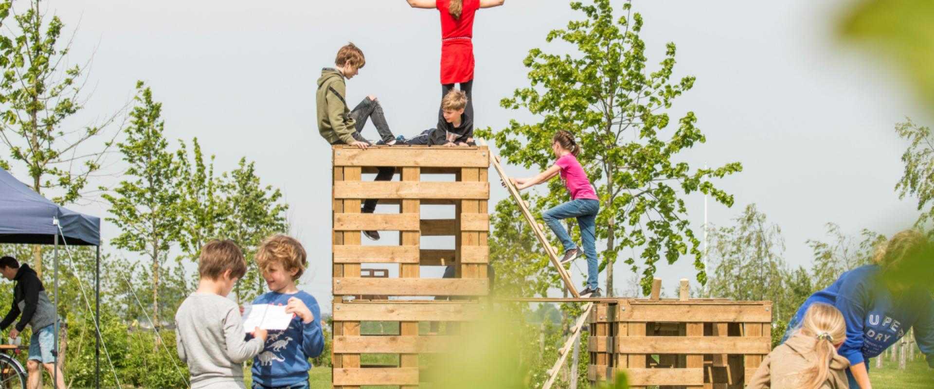 Kinderen aan het huttenbouwen in palenpa park
