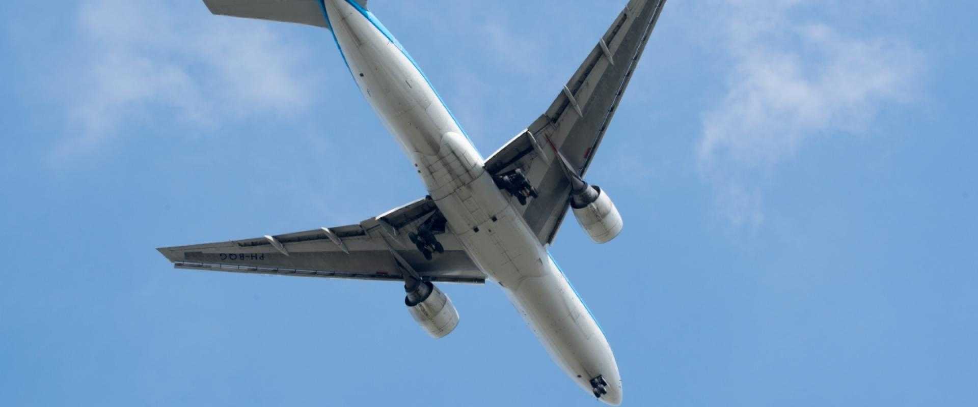 Airplane in the sky seen from below with blue sky