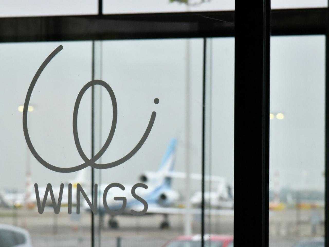 Name Wings on window with airplane in background