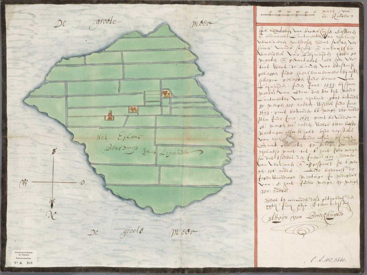 Afbeelding eiland van Beinsdorp, kaart Hoogheemraadschap van Rijnland uit 1625 gemaakt door Steven Pieterszoon van Brouckhuijzen 