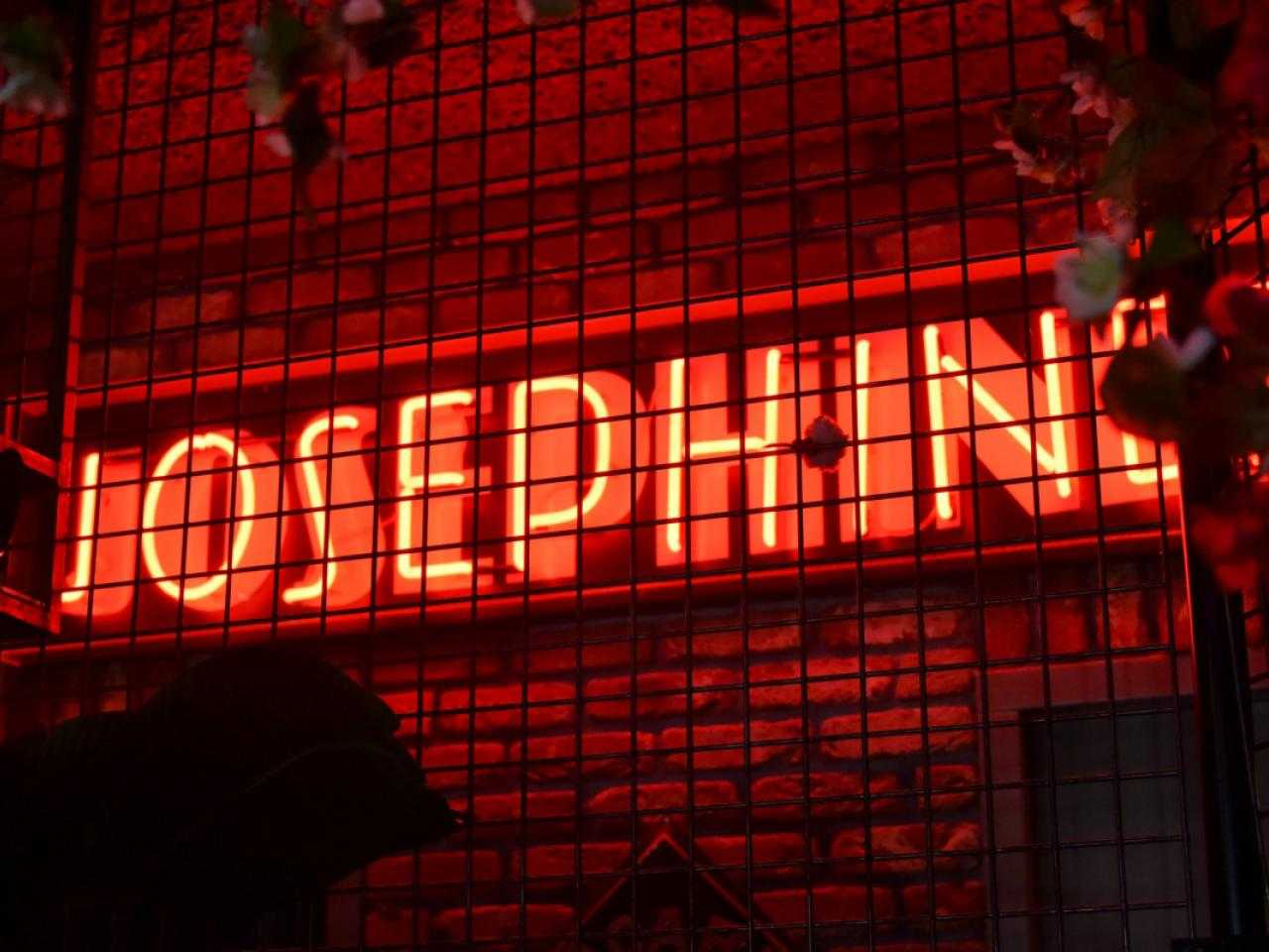 Neon letters of Josephines cocktail bar