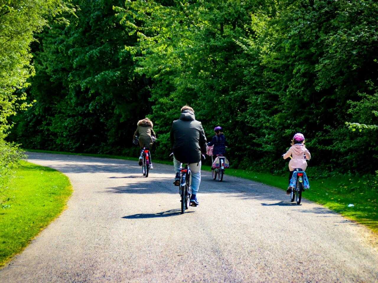 Man met kinderen fietsen op pad in bos
