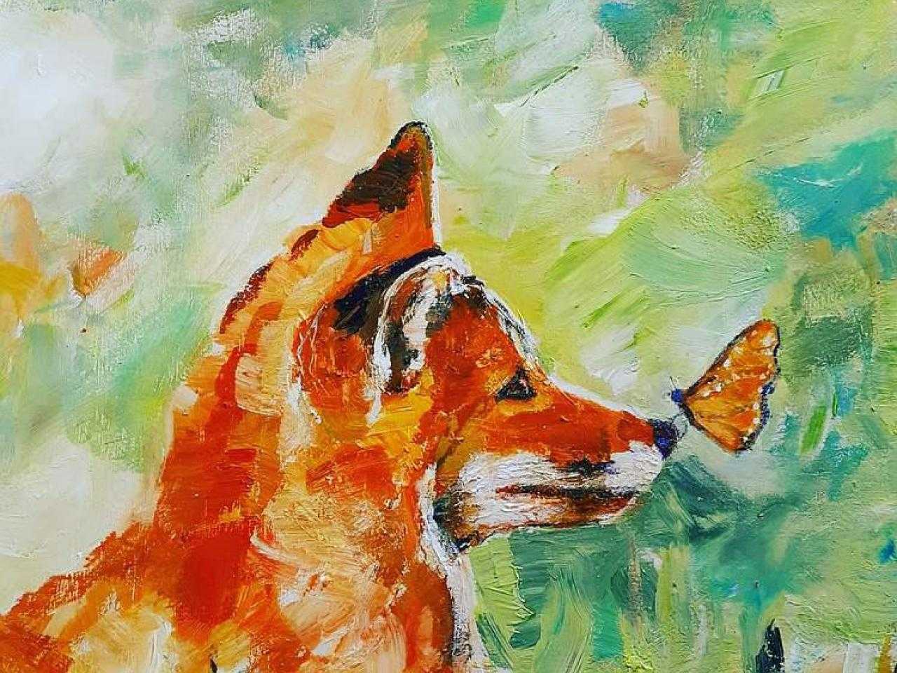 Impressionistisch schilderij van een vos en een vlinder