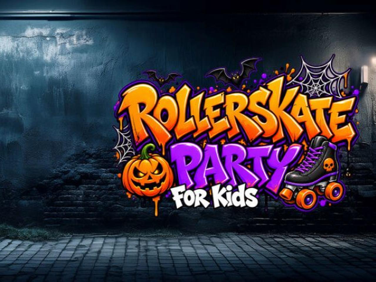 Grafititekst "rollerskate party for kids" in felle kleuren