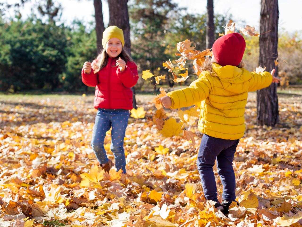 Twee kinderen spelen in de natuur in de herfst