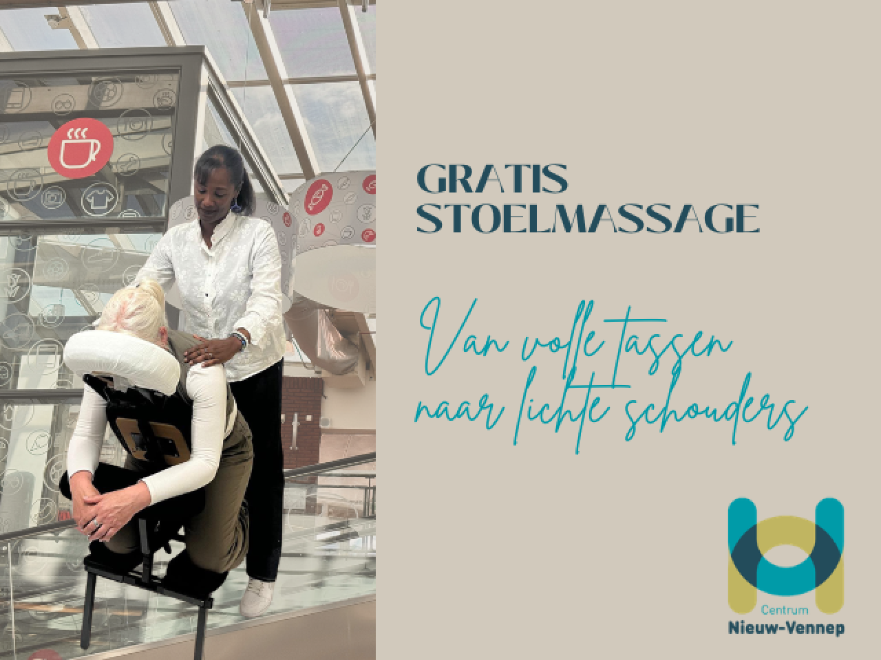 Poster van de masseur met de tekst: "Gratis stoelmassage. Van volle tassen naar lichte schouders"